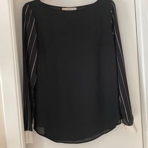 LOFT Long Sleeve Black Top, Sleeves have striped with white and dark tan dots